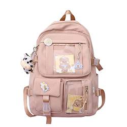 LYEAA Kawaii Rucksack mit Pins & Plüschtier Anhänger, Frauen Mädchen Preppy Stil PVC Patchwork Klar Rucksack Schultasche Große Kapazität Rucksack Handtaschen, Stil A, Pink von LYEAA