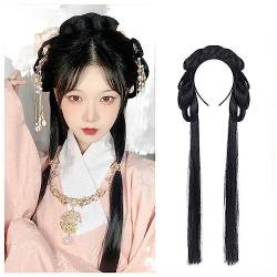 Hanfu Cosplay Perücken Frauen Schwarz Anime Alte Chinesische Hanfu Perücken Kopfbedeckungen Zubehör Hanfu Lange Gerade Perücken Schwarze Perücke Stirnband (Color : Auspicious lion presents Rui) von LYHHGS