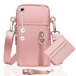 Handytasche Zum Umhängen Damen Handy Tasche Umhängetasche Rosa Mit Geldbörse Zum Umhängen Mädchen Mit Kopfhörer Eingang Schultertasche Handytaschen Verstellbar Schultergurt Armtasche Sportarmband von LYJOW