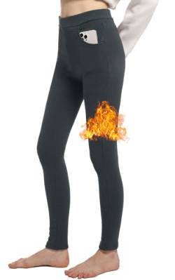 LYRIKER Gefütterte Leggings Damen Thermoleggins Lang Thermo Leggins mit Seitentaschen Dunkelgrau von LYRIKER