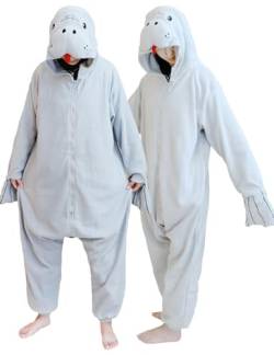 LZBXBXDA Einteiliger Seekuh Einteiler Pyjama Tier Plüsch Halloween Weihnachten Kostüm Homewear Nachtwäsche für Damen Herren, Einteiler-Kostüm, Seekuh, L von LZBXBXDA