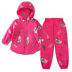 LZH Baby Mädchen Regenmantel Anzug Wasserdichte Kapuzenmantel Jacke & Hose 2 Stück Outwear Kleidungsset,2714-Rose Rot,4-5 Jahre(130) von LZH