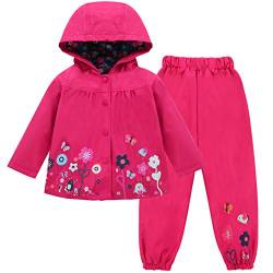 LZH Baby Mädchen Regenmantel Anzug Wasserdichte Kapuzenmantel Jacke & Hose 2Pcs Outwear Kleidungsset,Magenta,5-6 Jahre(130) von LZH