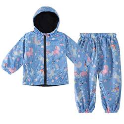 LZH Jungen Mädchen Regenmantel, wasserdichte Kapuze Jacke Mantel Hose Anzug 2PCS Sets, Hellblau, 110 von LZH