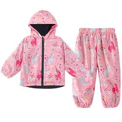 LZH Jungen Mädchen Regenmantel, wasserdichte Kapuze Jacke Mantel Hose Anzug 2PCS Sets, Rosa, 130 von LZH