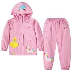 LZH Jungen Regenmantel Kinder Wasserdichte Mit Kapuze Mädchen, Jacke Hosen Anzug Lightweight 2 Stück Sets, Unisex Größe 110/2-3 Jahre, Rosa von LZH