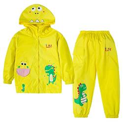 LZH Jungen Regenmantel Kinder Wasserdichte Mit Kapuze Mädchen, Jacke Hosen Anzug Lightweight 2 Stück Sets, Unisex Größe 130/4-5 Jahre, Gelb von LZH