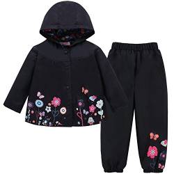 LZH Mädchen Kinder Regenjacke mit Kapuze Regenhose 2pcs Bekleidungsset, Schwarz, 1-2 Jhare(100) von LZH