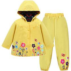 LZH Mädchen Kinder Regenjacke mit Kapuze Regenhose 2pcs Bekleidungsset, Yellow, 4-5 Jhare(130) von LZH