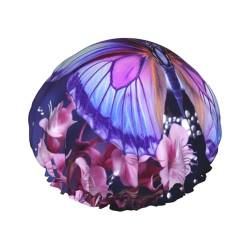Violette Duschhauben mit Schmetterlings-Aufdruck, wiederverwendbare Badekappen, doppellagig, wasserdicht, mit EVA-Futter, weich, bequem, Badehut für alle Haartypen von LZQPOEAS