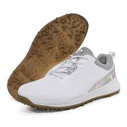 Herren Golfschuhe, Rutschfeste, Atmungsaktive Freizeit Golf Sneaker, Klassische, Outdoor Sneaker Mit Spikes Für Das Golftraining, Golfstiefel Mit Spikes Für Alle Jahreszeiten (42.5,White&Silver) von LZQpearl