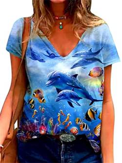 Frauen Delphin 3D bedrucktes Kurzarm T-Shirt Süßes Meerestier Grafikdruck T-Shirt mit V-Ausschnitt von LZRYYBZ