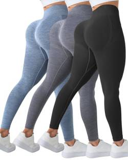 LZYVOO Workout-Leggings für Damen, 3 Packungen – Schwarz, Streifengrau, Blau, M von LZYVOO
