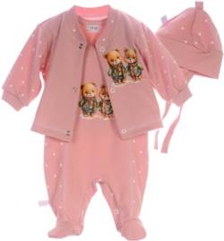 Strampler Mütze und Hemdchen Set Baby Anzug 3tlg 44 50 56 62 68 74 aus reiner Baumwolle (rosa, 62-68) von La Bortini