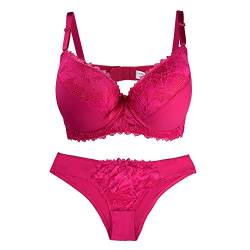 La Dearchuu Damen Bügel BH Set, Push Up BH und Slip Set Gepolstertes Unterwäsche BH Lingerie Set, Komfort Gepolsterter BH und Tanga Dessous Set für Frauen, 75B-105E, Rose Rot, Größe 100D von La Dearchuu