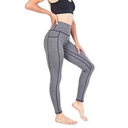 La Dearchuu Jogginghose Damen, Sport Leggings mit Tasche, High Waist Lange Laufhose Leggins, Strecken Blickdicht Gym Sporthose Fitnesshose mit Handytaschen Hohe Taille Yoga Leggings, Grau Größe XXL von La Dearchuu