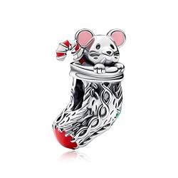 LaMenars Festive Mouse & Stocking Charm for 925 Sterling Silber für Frauen Armbänder Halsketten Dangle Anhänger für Weihnachten Valentinstag Muttertag Mädchen Geschenk von LaMenars