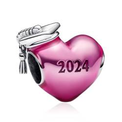 LaMenars Pink 2024 Graduation Heart Charm für Armbänd 925 Sterling Silber Bead Women Charms Mother's Day Birthday Anniversary Jewelry for Girls Wife von LaMenars