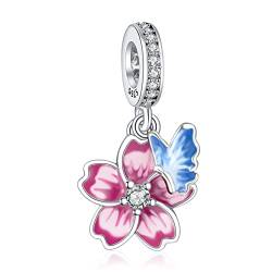 LaMenars Schmetterlingsblumen Charms Charm for 925 Sterling Silver Für Frauen Armbänder Halsketten Dangle Anhänger für Weihnachten Valentinstag für Mädchen von LaMenars