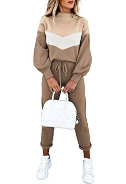 LaSuiveur Damen Zweiteilige Outfits Sweater Sets Strickpullover mit Kordelzug Lange Hosen Trainingsanzug Lounge Set, Beige, Large von LaSuiveur