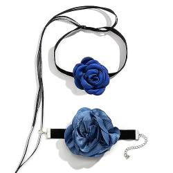 LaVenty Blau Blumen Halskette Flower Choker Boho Flower Rose Necklace Choker Schwarz Choker Blumen-Halskette für Festival von LaVenty
