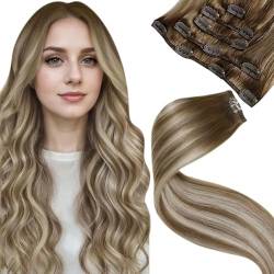 LaaVoo 50cm Echthaar Extensions Clip Ombre Blond Clip in Extensions Echthaar Balayage Clip in Echthaar Extensions Hellbraun Ombre Platinblond Voller Kopf 5pcs 70g von LaaVoo