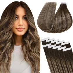 LaaVoo 55cm Tape in Extensions Echthaar Braun Balayage Echthaar Extensions Tape in Ombre Braun zu Karamellblond mit Braun Remy Haarverlängerung Tape Extensions Echthaar 25g 10pcs #4/27/4 von LaaVoo