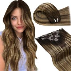 LaaVoo 60cm Echthaar Extensions Clip Balayage Braun Hair Extensions Clip in Echthaar 120g Lang Dunkelbraun zu Karamellbraun Clip Extensions Echthaar Vollkopf Glatt 7Stück 7pcs #4/27/4 von LaaVoo