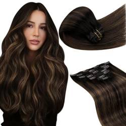 LaaVoo Balayage Echthaar Clip in Extensions 24 Zoll 120 Gramm Dunkelstes Braun Verblassend zu Hellbraun Ombre Clip in Remy Echthaar Extensions Langes glattes Haar 7 Stück von LaaVoo