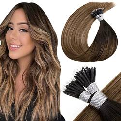 LaaVoo Balayage Echthaar Nanoring Extensions Dunkelstes Braun mit Mittel Braun und Aschblond 35 cm Cold Fusion Ombre Nano Bead Extensions Echthaar 50 Stuck/Set von LaaVoo