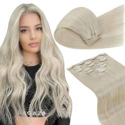 LaaVoo Blond Echthaar Extensions Clip 60 cm Clip in Echthaar Extensions Platinblond #60 Doppelt Tressen Haarverlängerung Echthaar 120g Clip in Extensions Remy Menschliches Haar 7Stück von LaaVoo