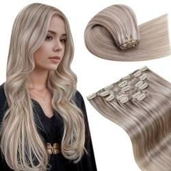 LaaVoo Blond Extensions Echthaar Clip in Highlight Echthaar Extensions Clip in 40cm Clip in Extensions Haarverlängerung Echthaar Aschblond Highlight Platinblond Glatt 7Stück 105g #p19/60 von LaaVoo