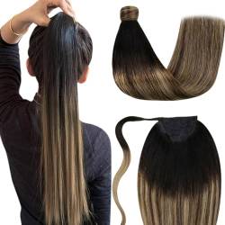 LaaVoo Brauner Echthaar Zopf Balayage 30cm Kurz Ponytail Extensions Echthaar Schwarz Ombre Braun 70g Pferdeschwanz Haarverlängerung Remy Human Hair #1b/4/27 Schwarz Ombre Braun Balayage Karamellblond von LaaVoo