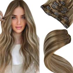 LaaVoo Clip in Extensions Echthaar Blond Balayage Echthaar Clip in Extensions Ombre Hellbraun Blond 35cm Clip in Haarverlängerung Echthaar Extensions Remy Glatt 5PCS 70g #8/60/8 von LaaVoo