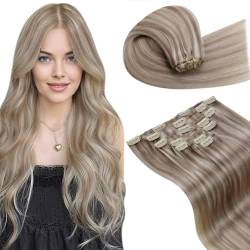 LaaVoo Clip in Extensions Echthaar Blond Highlight Echthaar Extensions Clip in Aschblond Platinblond 45cm Haarverlängerungen Echthaar Clip Doppelt Tressen 105g 7PCS #p19/60 von LaaVoo