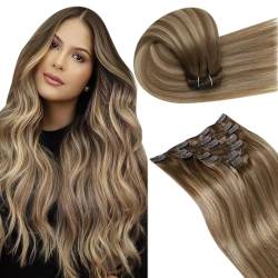 LaaVoo Clip in Extensions Echthaar Braun Balayage Haar Echthaar Extensions Clips Doppelt Tressen Haarverlängerung Echthaar Clip Hellbraun Ombre Goldene Blondine #8/16/8 7PCS 105g 50cm von LaaVoo