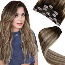 LaaVoo Clip in Extensions Echthaar Braun Balayage Haarverlängerung Echthaar Clip in Dunkelbraun Echthaar Clip in Extensions Braun Blond Ombre 5Stücke 70g 50cm #3/8/24 von LaaVoo