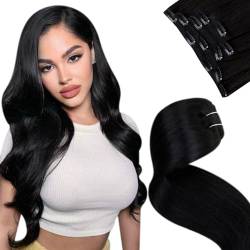 LaaVoo Clip in Extensions Echthaar Schwarz 40cm Haarverlängerung Echthaar Clip in Schwarz 5PCS/80g Doppelt Tressen Echthaar Extensions Clip in Schwarz Menschenhaar Glatt von LaaVoo