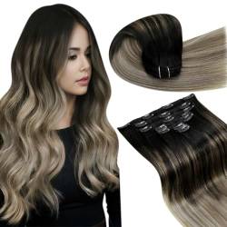 LaaVoo Clip in Extensions Echthaar Schwarz Ombre Haarverlängerung Clip in Echthaar Balayage Braun Blond 35cm Invisible Echthaar Clip Extensions Glatt #1B/8/22 7pcs 105g von LaaVoo