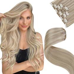 LaaVoo Echthaar Clip in Extensions Blond 55cm Doppelt Tressen Extensions Echthaar Clip Goldene Blond Mittelblond Haarverlängerung Remy Echthaar Extensions Clip 70g 5Stück #p16/22 von LaaVoo