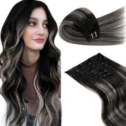 LaaVoo Echthaar Extensions Clip Ombre 55cm Clip in Extensions Echthaar Schwarz Silber Balayage 105g 7Pcs Clip in Haarverlängerung Echthaar Ombre Extensions Clip in Doppelt Tressen von LaaVoo