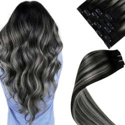 LaaVoo Echthaar Extensions Clip in Blayage Schwarz Clip in Extensions Echthaar Ombre Schwarz Silber Haarverlängerung Echthaar mit Clips Doppelt Tressen 70g 5Stück 35cm #1b/s/1b von LaaVoo