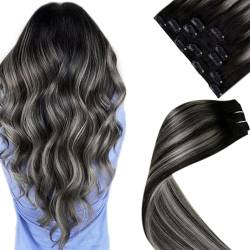 LaaVoo Echthaar Extensions Clip in Schwarz Balayage Ombre Silber Clip Echthaar Extensions 70g 5Stück Double Weft Remy Extensions Clip in Haarverlängerung Echthaar 12 Zoll/30cm von LaaVoo