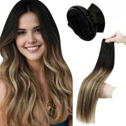 LaaVoo Echthaar Extensions Tressen Blayage Schwarz Haarverlängerung Echthaar Extensions Weft Schwarz Ombre Dunklbraun und Hellblond 30cm Sew in Extensions Echthaar Doppelt Tressen 80g #1b/4/27 von LaaVoo