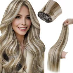 LaaVoo Echthaar Extensions Tressen Braun Blond Haartressen Echthaar Zum Einnähen Hellbraun Highlight Platinblond Sew in Weft Hair Extensions Echthaar Remy 80g 30cm #P8/60 von LaaVoo