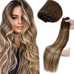 LaaVoo Echthaar Extensions Tressen Braun Ombre Haartressen Echthar Haarverlängerungen Dunkelbraun Ombre Karamellblond Remy Echthaar Extensions zum Einnähen 80Gramm 40cm #4/27/4 von LaaVoo