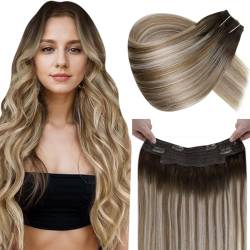 LaaVoo Echthaar Extensions Wire Haarverlängerungen Frauen Ombre Blond 80G 45cm unsichtbare Fisch Linie Extensions Echthaar Balayage Dunkelbraun bis Blond Fisch Draht Echte Haarverlängerungen #3/8/24 von LaaVoo