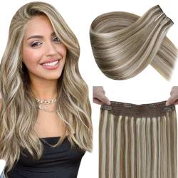 LaaVoo Echthaar Extensions mit Unsichtbarem Draht Blond Invisible Wire Hair Extensions Haarverlängerungen Echthaar Hellbraun Highlighted Hellblond Secret Wire Extensions Echthaar 80G 45cm #P8/60 von LaaVoo