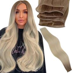 LaaVoo Echthaar Tressen Zum Einnähen Blond Ombre Virgin Tressen Echthaar Extensions Balayage Blond Echthaar Extensions Tressen zum Einnähen Hellbraun Platinblond #8/60 55cm 25g von LaaVoo