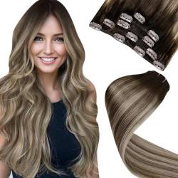 LaaVoo Extensions Clip in Echthaar Ombre Braun Haarverlängerung Echthaar Clip in Remy Haar Echthaar Extensions Clip in 5Stücke 70g 30cm Dunkelbraun Balayage Mittelbruan mit Blond #3/8/24 von LaaVoo